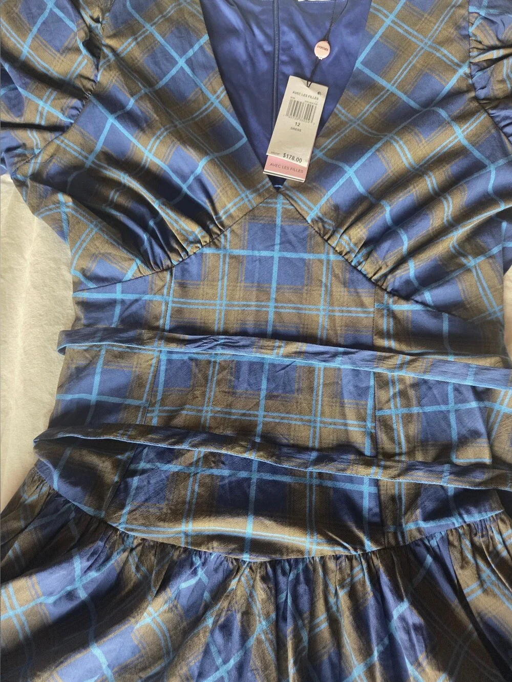 NWT Avec Les Filles Plaid Puff Sleeve Tie Belt Midi Dress - Size 12